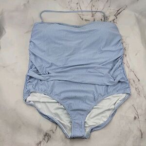 J Crew Swim 24 3X Blue One Piece Bandeau Textured Bikini Striped Seersucker